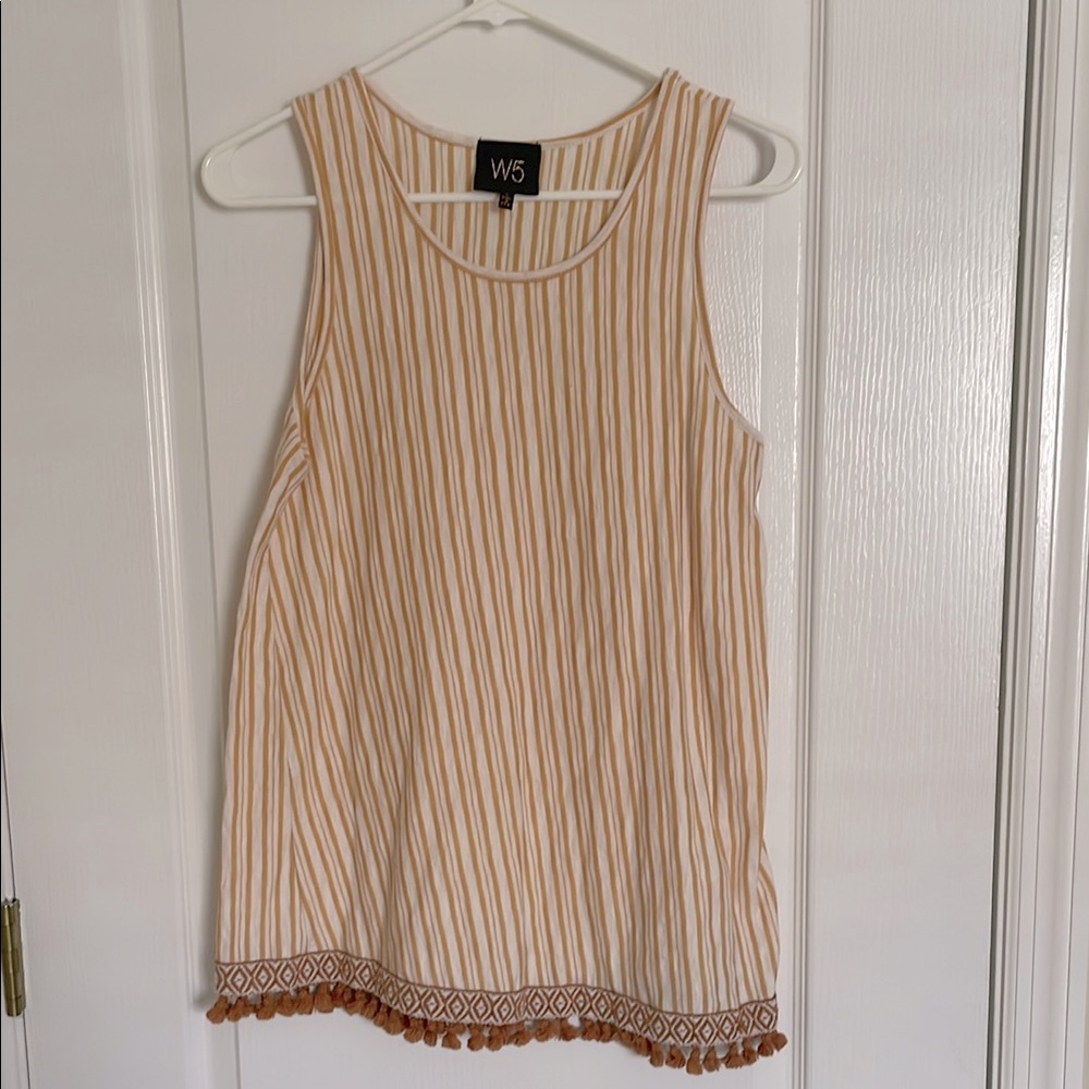 W5 Anthropologie Yellow Golden Tan Relaxed Boxy Tank Top Pom Pom detail